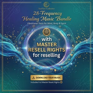 Op de afbeelding: Een digitale afbeelding die de "28-Frequency Healing Music Bundle" van SeaFlow Collective promoot. Het ontwerp heeft een turquoise en gouden kleurenschema met wervelende lijnen en pictogrammen. Tekst bevat "Master Resell Rights" en een oproep tot "Download Your Music."