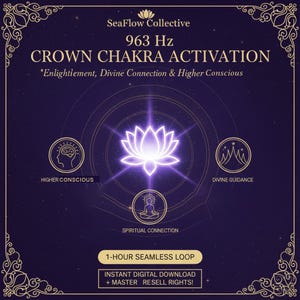Pode incluir: Gráfico digital com fundo roxo escuro com o texto "SeaFlow Collective" e "CROWN CHAKRA ACTIVATION". Inclui uma flor de lótus brilhante e ícones que representam a consciência superior, a orientação divina e a conexão espiritual.