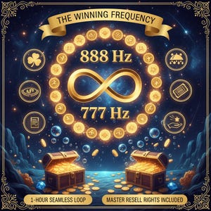 May include: Digital artwork with a cosmic theme. It shows a gold infinity symbol, encircled by gold coins and the text "888 Hz" and "777 Hz". Two treasure chests overflowing with gold coins are at the bottom. The text "THE WINNING FREQUENCY" is at the top.