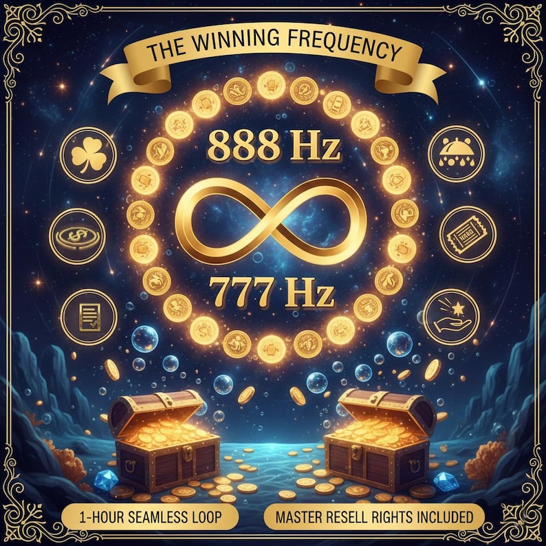 May include: Digital art with a celestial theme. The image features a gold infinity symbol, surrounded by gold coins and the text "888 Hz" and "777 Hz". Two treasure chests filled with gold coins are at the bottom. The text "THE WINNING FREQUENCY" is at the top.