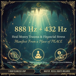 Puede incluir: Gráfico digital con un tema azul oscuro y dorado. El texto dice "888 Hz + 432 Hz" y "Cura el trauma del dinero y el estrés financiero, Manifiesta desde un lugar de PAZ". Los iconos representan la curación, la meditación y el crecimiento financiero.