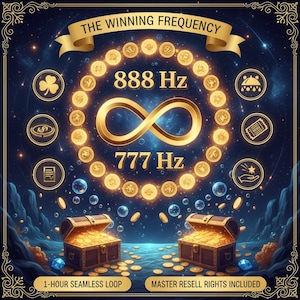 May include: Digital art featuring a gold infinity symbol, surrounded by gold coins and the text "888 Hz" and "777 Hz". Two treasure chests overflowing with gold coins are at the bottom. The banner reads "THE WINNING FREQUENCY".