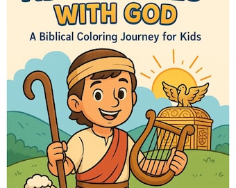 May include: A children's book cover with the title "DAVID'S ADVENTURES WITH GOD" in yellow and blue. The illustration features a smiling boy holding a staff and a harp, with a sheep beside him. The background includes a sun, a dove, and a building.