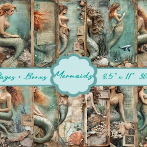 Papiers vintage pour journal sirène/mer océan éphémères/scrapbooking fantastique/Pages imprimables/téléchargement numérique/mood board/feuille de collage/journal artistique
