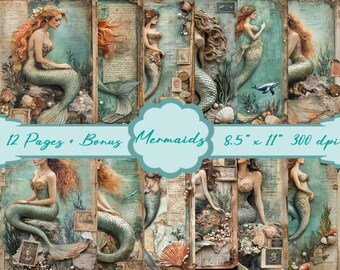 Può includere: Una collezione digitale di 12 pagine più bonus con illustrazioni di sirene dai capelli rossi e code verdi, su sfondi in stile vintage con testo scritto a mano, conchiglie e perle. Il testo recita 12 Pages + Bonus Mermaids 8.5" x 11" 300 dpi.