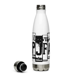 May include: A stainless steel water bottle with a white background and black text that reads "PJFA" in a blocky font. The text is arranged in a collage style with other words and letters visible.