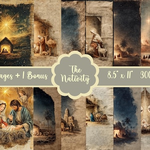 Op de afbeelding: Een verzameling van 12 pagina's plus 1 bonuspagina met kersttaferelen, vintage-stijl illustraties, schrifttekst en warme verlichting. De digitale vellen meten 21,59 cm bij 27,94 cm op 300 dpi en tonen diverse afbeeldingen van de geboorte van Jezus.