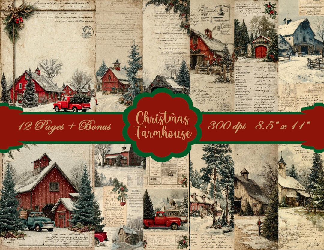 Christmas Farmhouse Junk Journal Pages Kit, Ephemera (digital Download ...