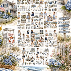 May include: A collection of coastal-themed stickers featuring illustrations of beach houses, lighthouses, sailboats, nautical decor, and people in summer attire. The set includes various small icons like starfish, anchors, and life buoys, all arranged in a grid.