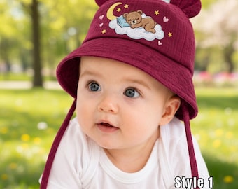 Handmade Embroidered Baby Bear Cloud Moon Stars Hat, Newborn Gift, Peaceful Toddler Sun Hat