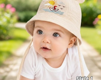 Handmade Embroidered Summer Paper Boat Hat, Kids Ocean Wave Sun Design, Personalized Baby Gift, Toddler Beach Hat
