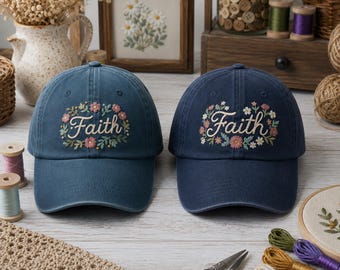 Handgeborduurde Faith-pet, op maat gemaakte geborduurde hoed, baseballpet met bloemen, Faith cadeau voor haar, christelijke hoed, minimalistische borduurpet