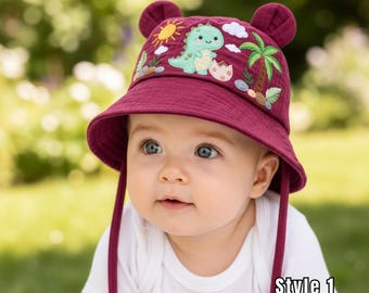 Handmade Embroidered Gentle Dino Baby Hat, Personalized Toddler Sun Hat, Cute Dinosaur Egg Palm Tree Design Gift