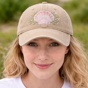 Hand Embroidered Scallop Shell Hat, Pastel Ocean Baseball Cap, Coastal Beach Aesthetic Dad Hat, Handmade Cotton Gift for Her
