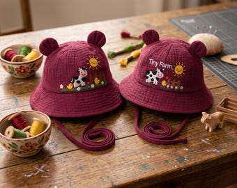 Handmade Embroidered Tiny Farm Kids Hat, Cute Cow Chick Design, Personalized Baby Sun Hat, Toddler Gift, First Birthday