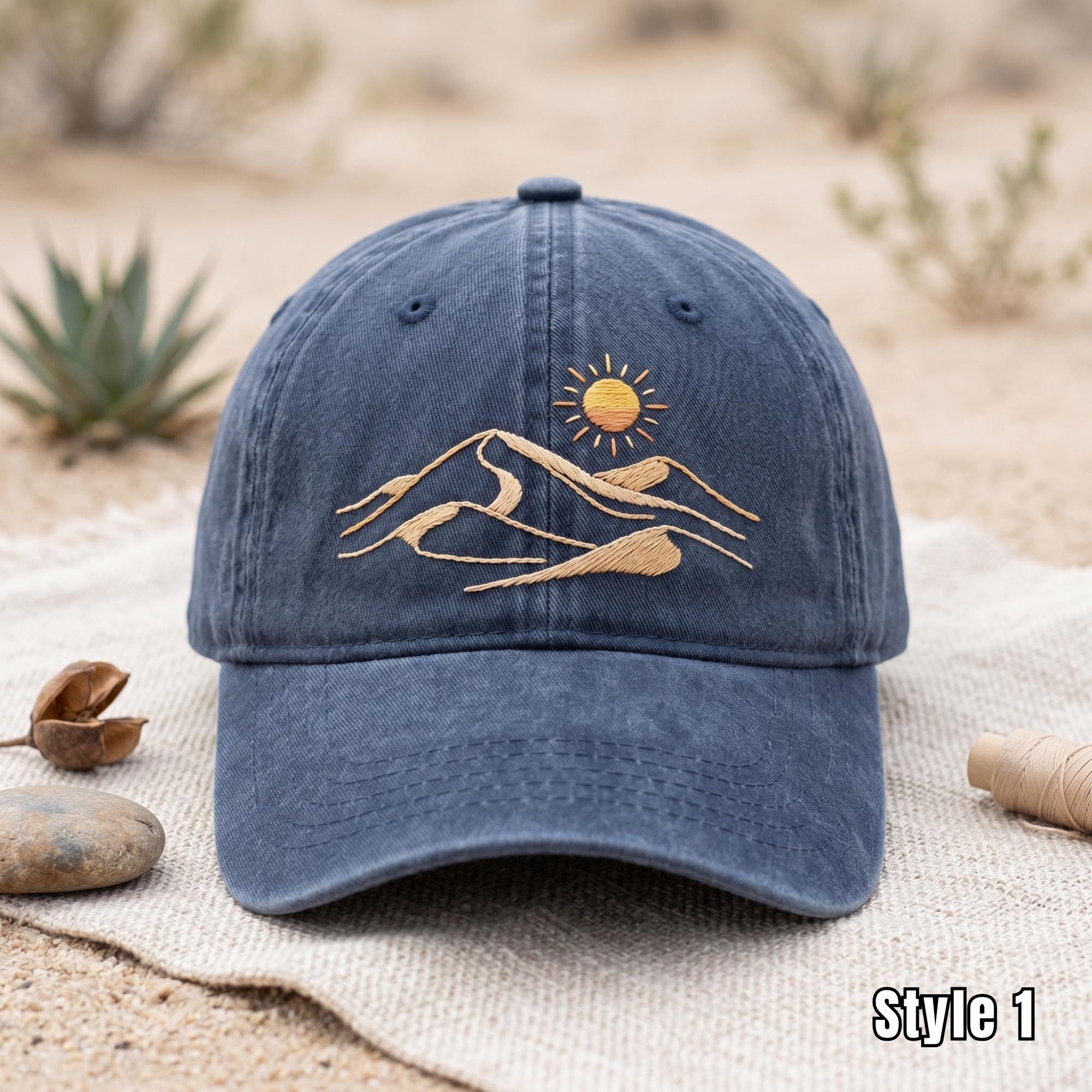 Mountain Sun Hand Embroidered Baseball Cap, Desert Landscape Denim Hat ...