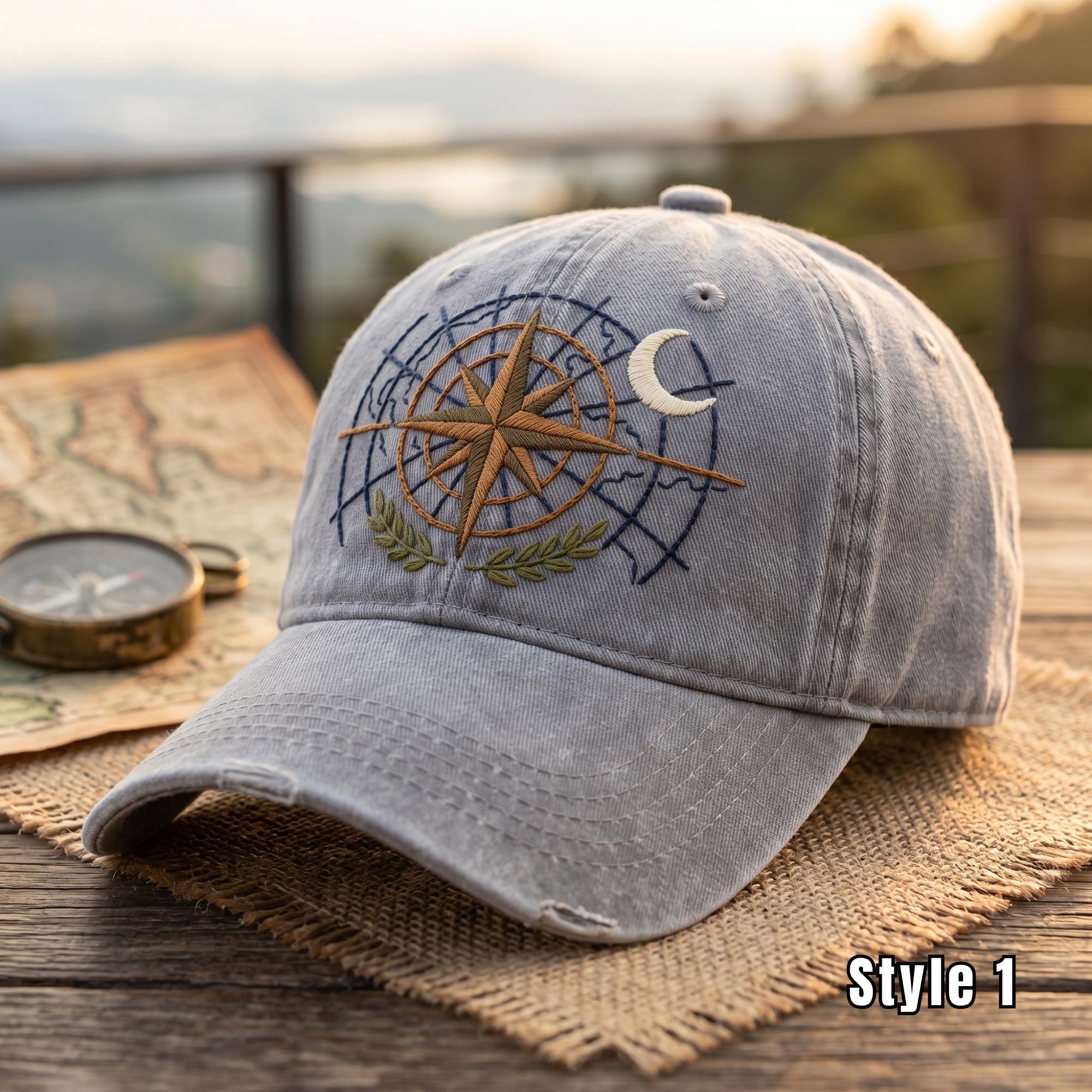 Compass Point Hat Hand Embroidered Compass Map Moon Cap, Custom Travel Adventure Hat ...