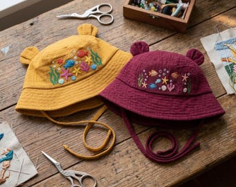 Handmade Embroidered Ocean Life Kids Bucket Hat, Personalized Sea Creature Toddler Sun Hat, Baby Shower Gift