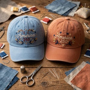 Puede incluir: Dos gorras de béisbol, una azul claro y otra naranja terracota, cada una con un bordado que dice America 250, rodeado por una corona decorativa de hojas, pequeñas bayas y estrellas centradas en los paneles frontales de las gorras.