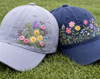 Geborduurde baseballpet met wilde bloemen, bloemenweidehoed, kleurrijke geborduurde bloemenpet, Cottagecore Aesthetic-hoed, cadeau voor haar