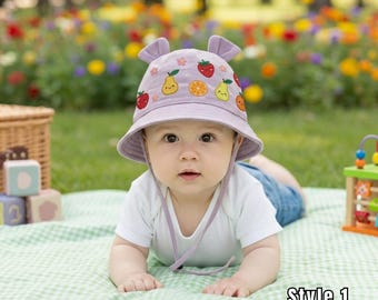 Handmade Embroidered Sweet Fruit Kids Bucket Hat, Personalized Toddler Sun Hat, Baby Shower Gift, Summer Beach Hat
