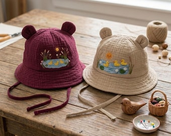 Hand Embroidered Duckling Bucket Hat, Kids Sun Hat, Baby Duck Swimming Hat, Handmade Spring Hat for Children