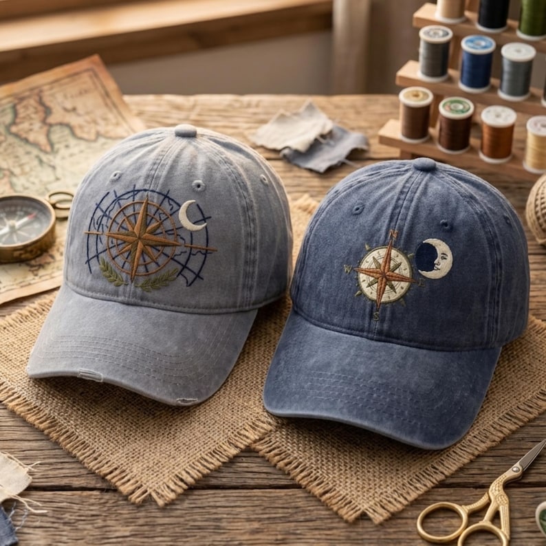 Compass Point Hat Hand Embroidered Compass Map Moon Cap, Custom Travel Adventure Hat ...
