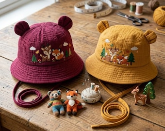 Hand Embroidered Fox and Deer Bucket Hat, Kids Woodland Animal Sun Hat, Handmade Forest Friends Hat for Children