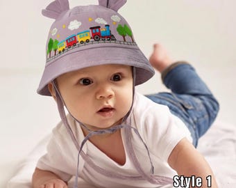 Handmade Embroidered Mini Train Hat, Colorful Train Ride Design, Baby Shower Gift, Toddler Sun Hat, Kids Beach Hat