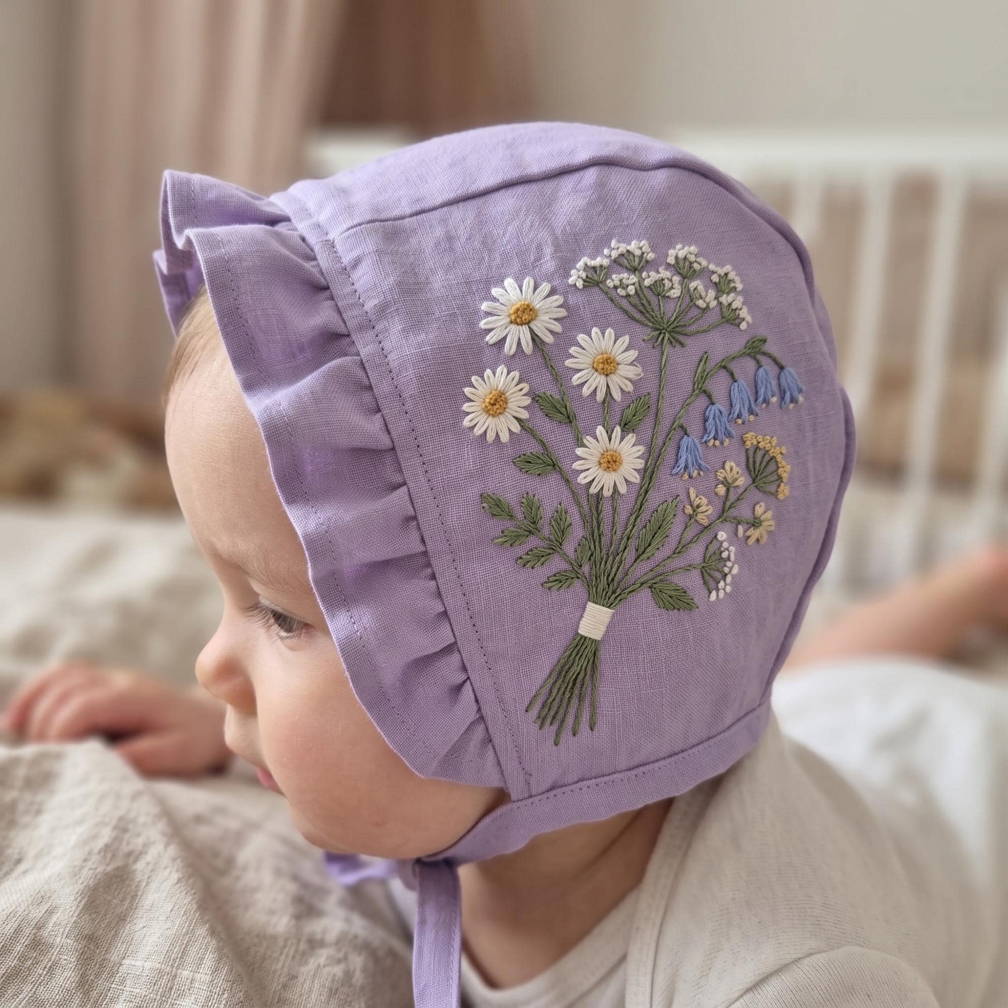 Personalized Floral Baby Bonnet, Hand Embroidered Linen Sun Hat, Custom Name Handmade Bonnet, Neutral Baby Gift
