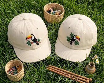Handgeborduurde toekan-kinderhoed, zachte katoenen baseballpet, tropische vogel peuterhoed, handgemaakte kinderpet, babycadeau