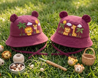 Handmade Embroidered Gentle Safari Baby Hat, Personalized Kids Sun Hat, Toddler Beach Gift, First Birthday Outfit