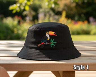 Handmade Embroidered Toucan Kids Sun Hat, Vibrant Tropical Bird Beach Bucket Hat, Personalized Summer Toddler Gift