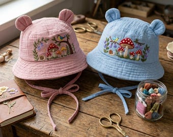Handgeborduurde babymutsje, paddestoel bos zonnehoed, handgemaakte peuter hoed, Cottagecore babycadeau, babymeisje jongen zomerhoedje