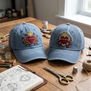 May include: Two light blue denim baseball caps featuring an embroidered design of a red heart surrounded by yellow flames and green leaves. The caps have a curved brim and a structured crown, showcasing detailed needlework of a sacred heart motif.