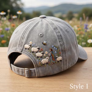 Hoed geborduurde Jezus goede herder, bloemen christelijke baseballpet, Faith Dad Hat religieus cadeau, schapenborduurwerk, minimalistische botanische pet