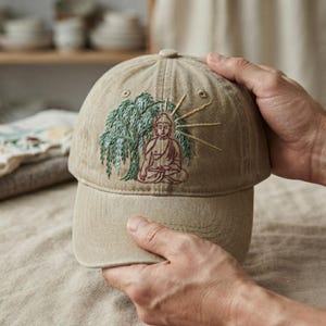May include: A tan baseball cap featuring an embroidered design of a figure sitting in a meditative pose beneath a willow tree, with golden rays extending from behind the figure. The cap has a structured crown and a curved brim with stitching.