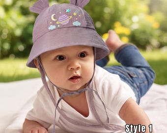 Handmade Embroidered Pastel Space Bucket Hat, Candy Planet Kids Sun Hat, Personalized Baby Shower Gift, Toddler Adventure Hat