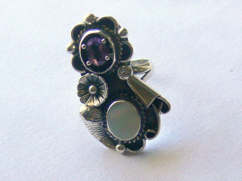 sterling mother of pearl and amethyst ring size 8