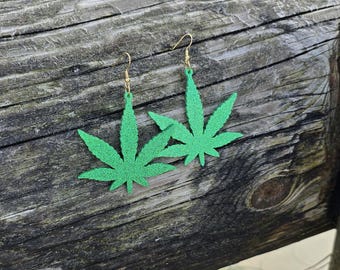 Green Glitter Weed/Cannabis/Marijuana Leaf Earrings | Large Acrylic Pot Leaf Dangles