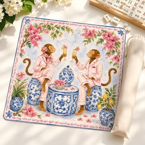 Preppy Monkey Mahjong Mat with Ginger Jar| Monkeys Drinking Cocktails Summer Party Table Accessory| Neoprene Mahjong Mat