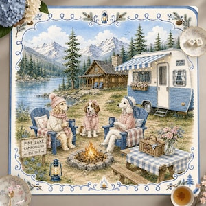 Lakeside Campground Mahjong Mat, Adorable Dogs By Campfire, Scenic Mountain Lake Watercolor Art Game Board