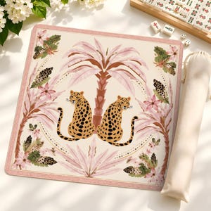Tropical Leopard Mahjong Mat with Symmetrical Cheetah Decor | Pink Botanical Accents Mahj Gift | Anti-Slip Table Cover