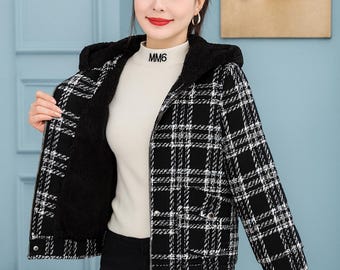Ladies Black and White Check Buffalo Plaid Winter Jacket