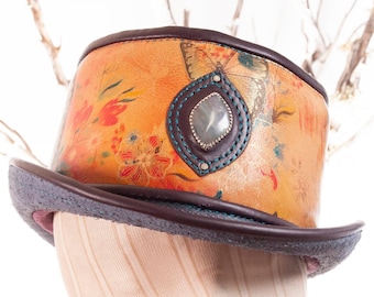 Butterfly Keaton, Pork Pie Hat, Leather Hat, Leather Fedora, Leather Pork Pie, Steampunk, Butterflies, Labradorite, Fits a 21-21.5" Head