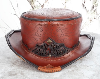 Leather Top Hat, Short Top Hat, Brown Leather Hat, Brass, Adjustable Size, Burning Man Hat, Steampunk Hat, Leather Hat, Tophat, Mens Top Hat