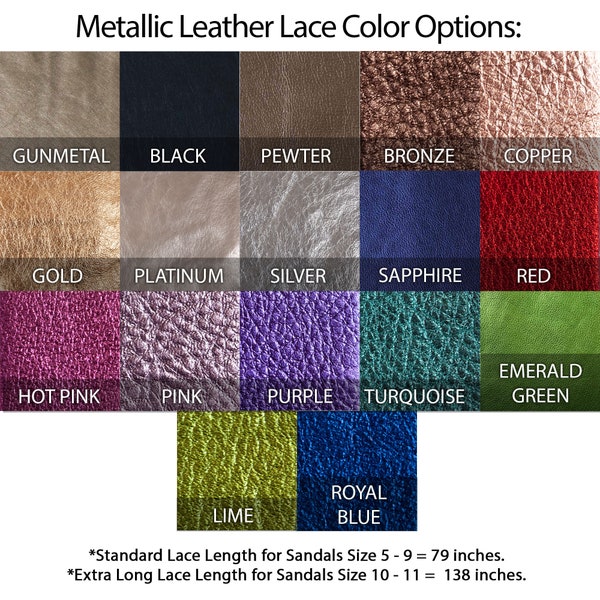 Metallic Leather Laces, Solid Colors, Laces, Sandals, Comes in a Pair for Lace Up Sandals, Standard 79" Length or Extra Long 138" Length