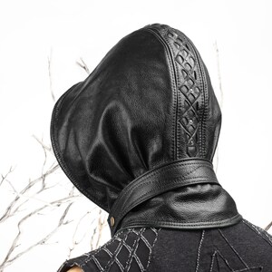 Leather Hood, Medieval Hood, Mystic Hood, Filigree Leather, 22.5-23.5 Head, Cosplay, Steampunk, Burning Man Hood, Leather Hoodie, Wizard image 4