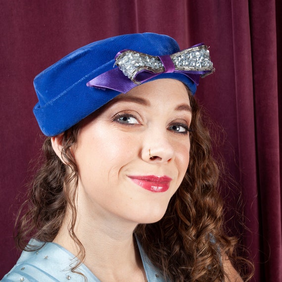 1940's, Royal Blue Velour Pillbox Hat, Blue Hat, V