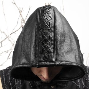 Leather Hood, Medieval Hood, Mystic Hood, Filigree Leather, 22.5-23.5 Head, Cosplay, Steampunk, Burning Man Hood, Leather Hoodie, Wizard image 5